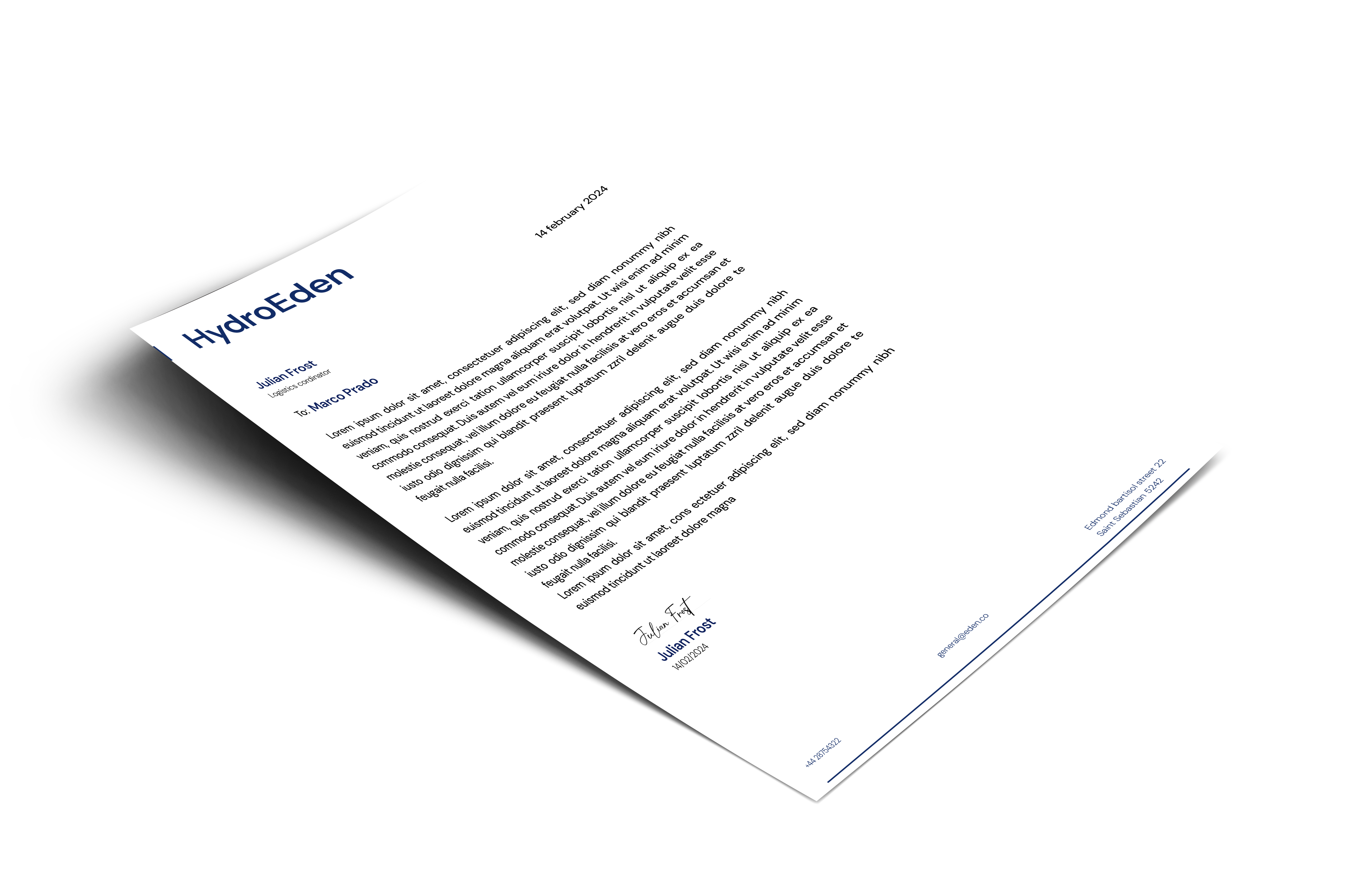 HydroEden letterhead mockup.
