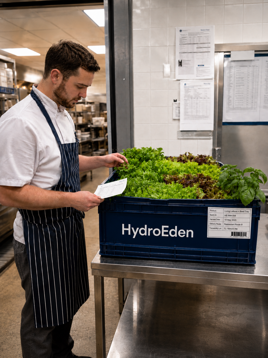 HydroEden produce crate being checked in a commercial kitchen.