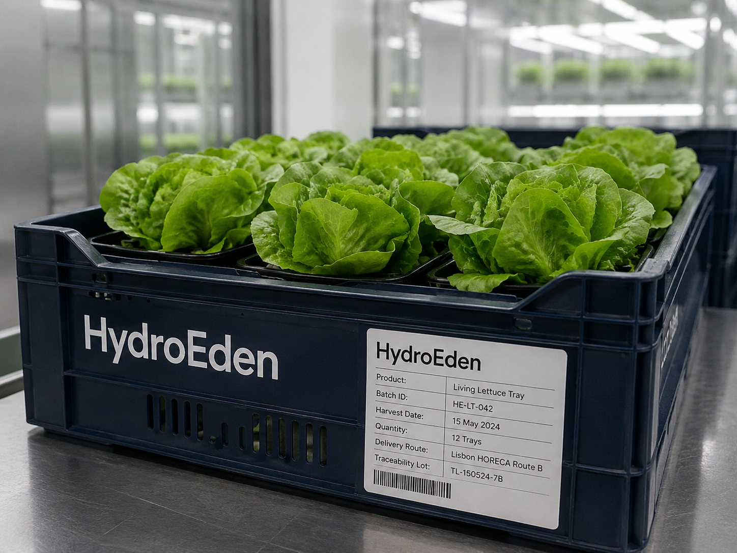 HydroEden labelled crate mockup.