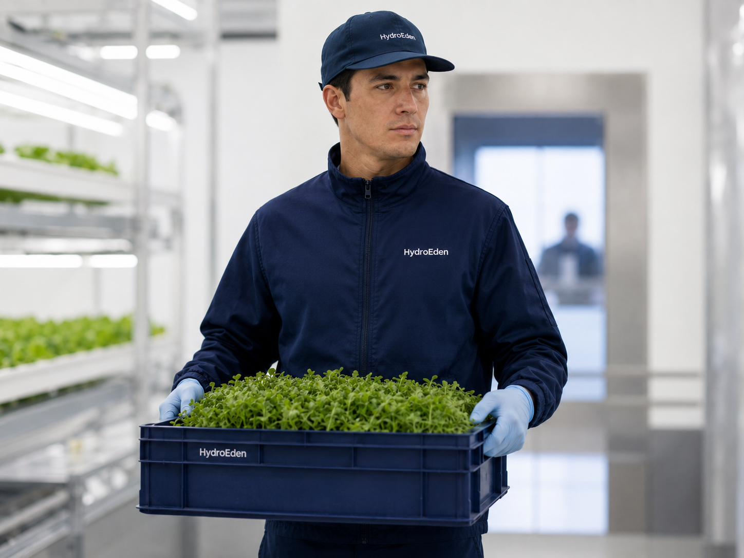 HydroEden uniform and crate mockup.