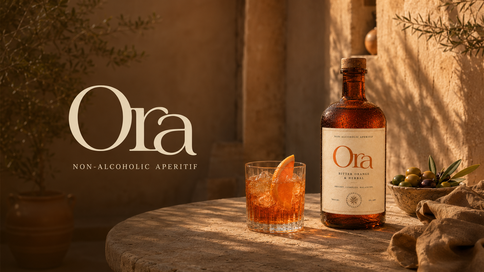 Ora bottle and aperitif glass in Mediterranean light