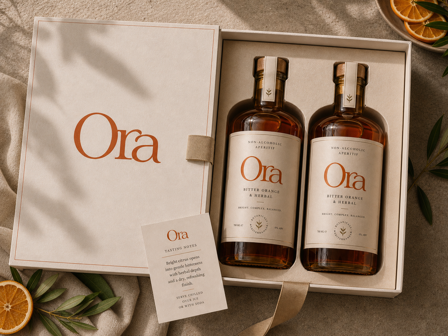 Ora label detail — typographic hierarchy on amber glass