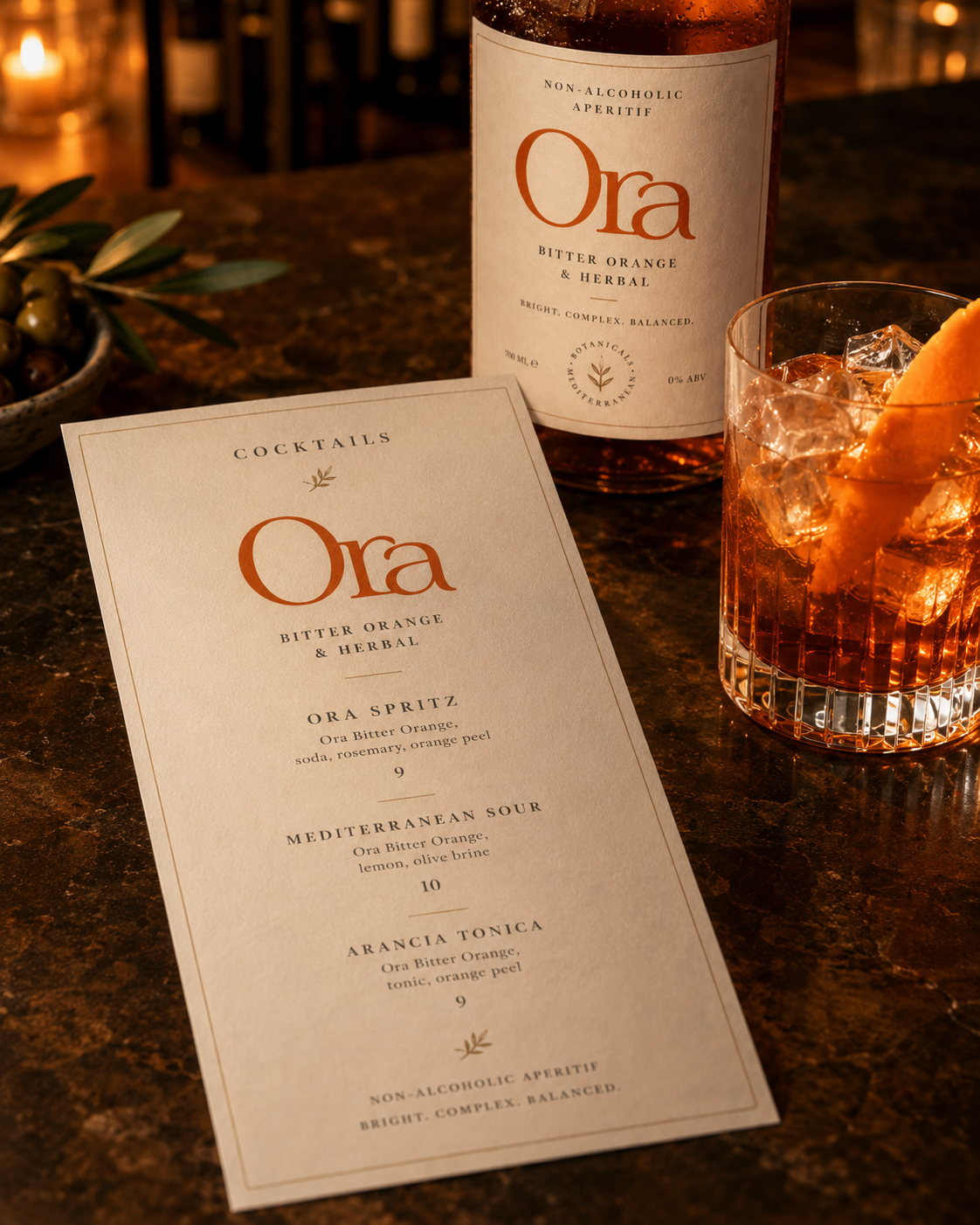 Ora cocktail menu and glass
