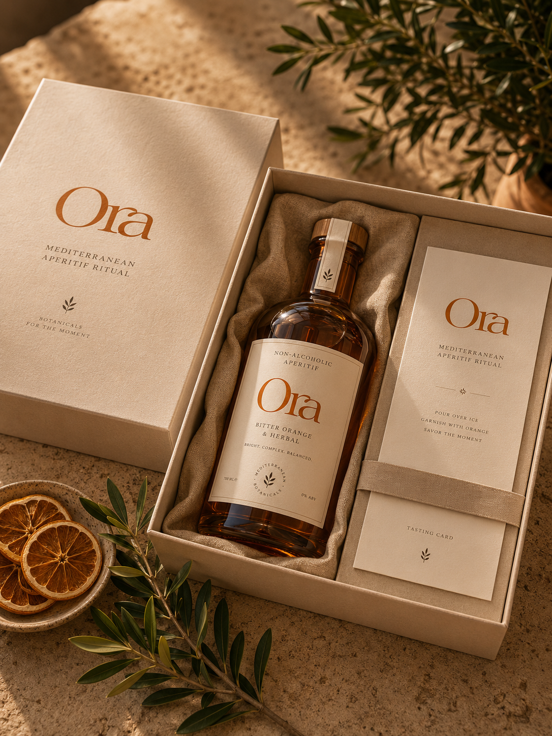 Ora boxed ritual set with bottle, tasting card, and botanical details