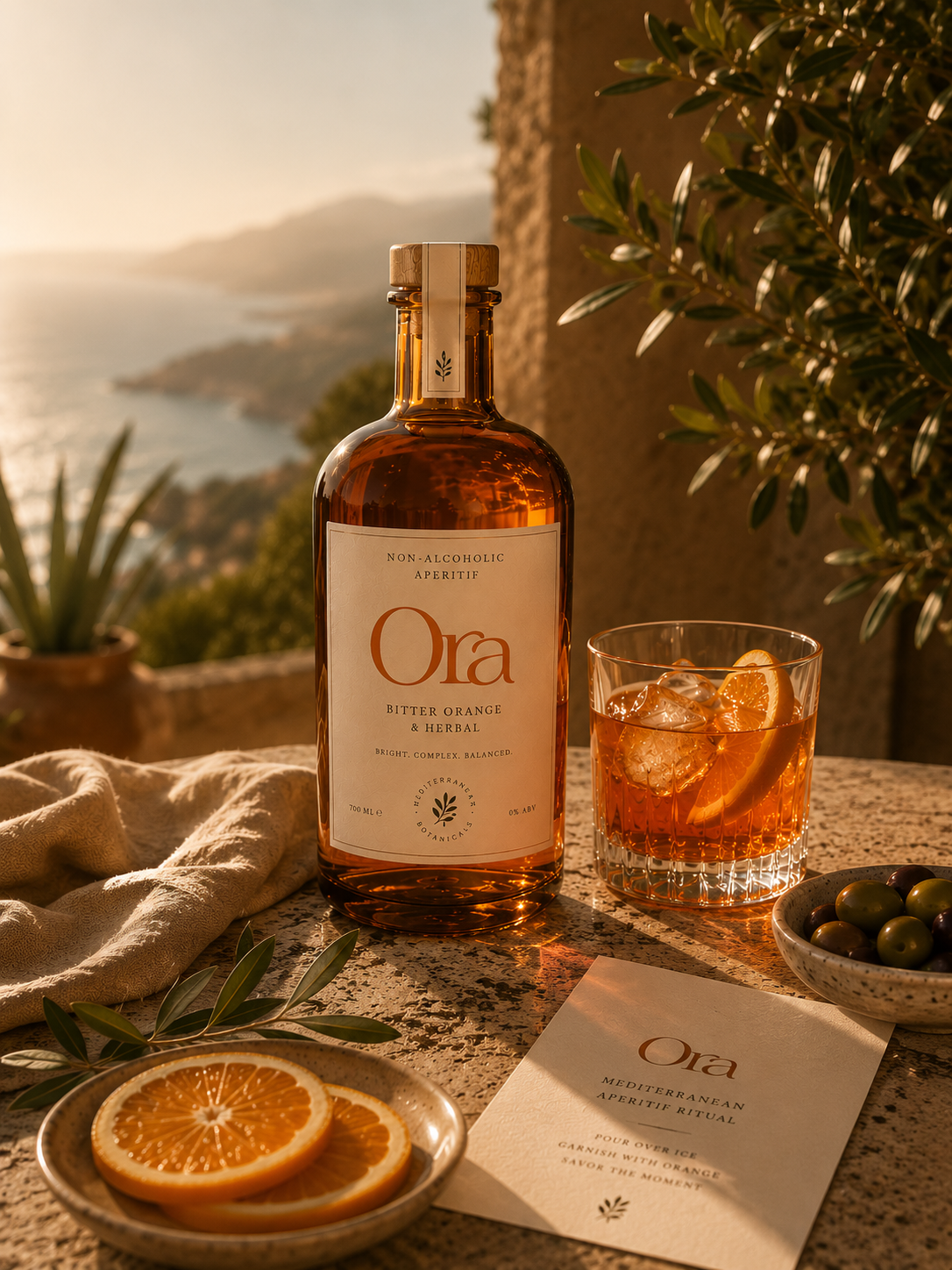 Ora bottle and aperitif glass on a Mediterranean table